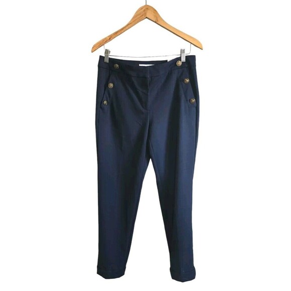 LOFT The Devin Slim Sailor Pants Womens 2 Blue Gold Buttons Cuff Hem NWT - Picture 1 of 8